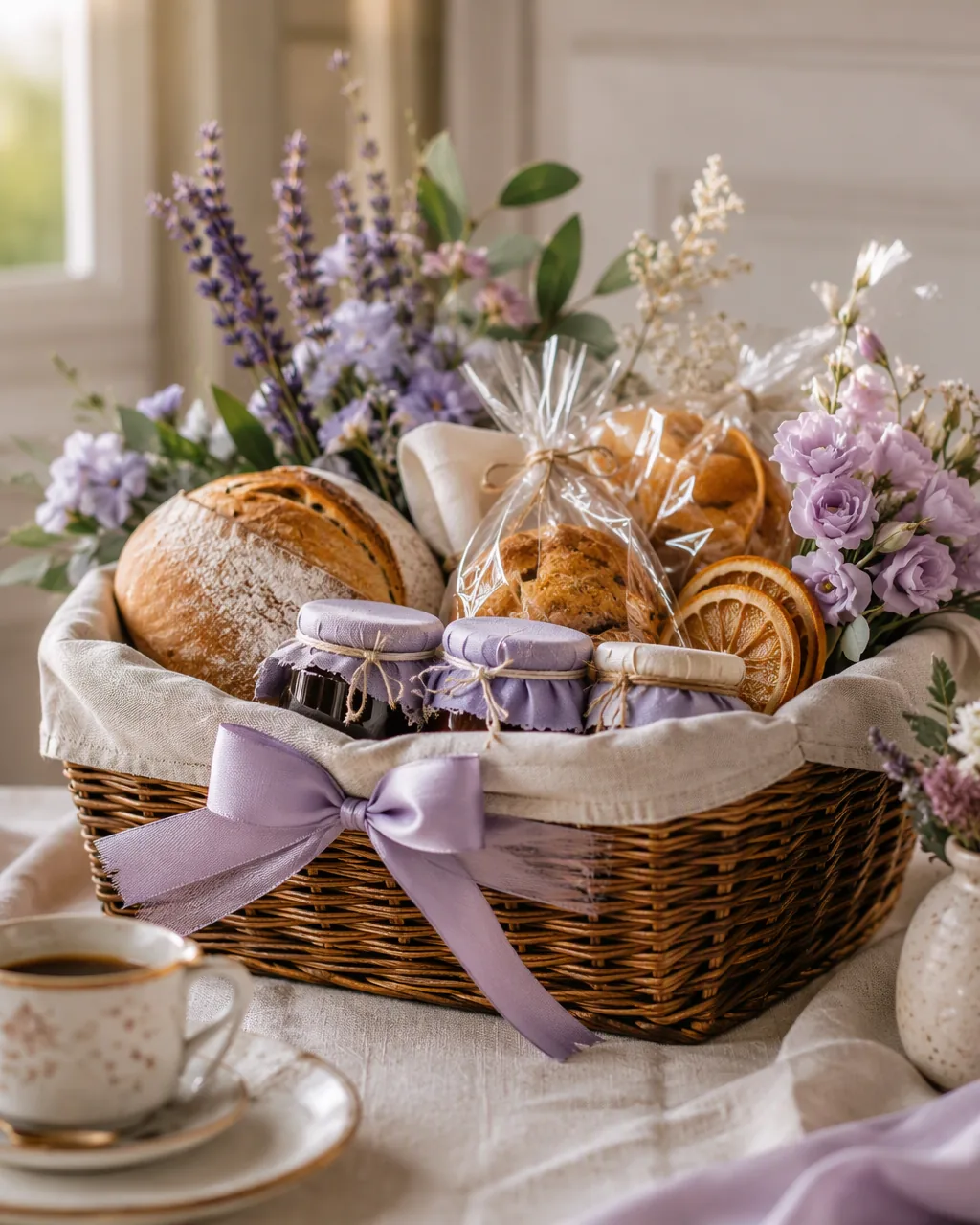 Cesta de café da manhã com pão artesanal, geleias e flores