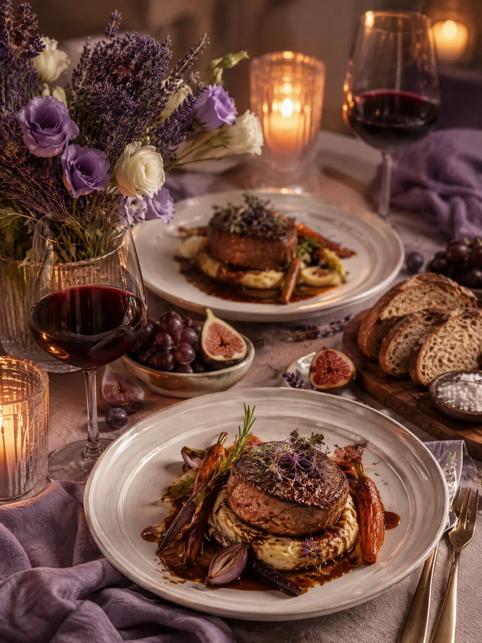 Mesa de jantar intimista à luz de velas, com prato principal, vinho tinto, pão artesanal e flores em tons de lavanda