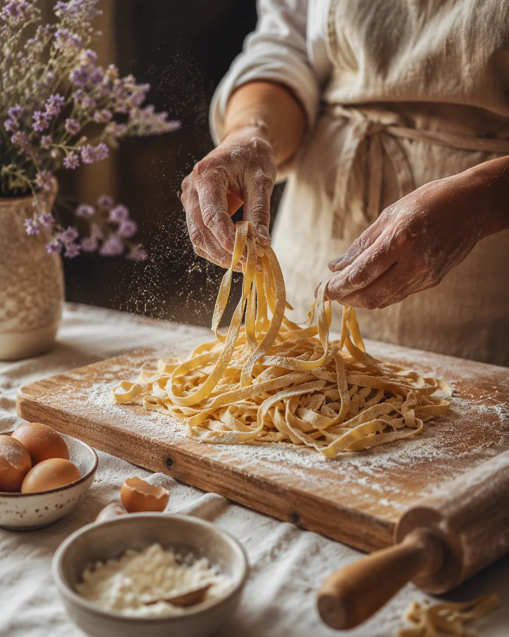 Mãos preparando talharim fresco sobre tábua com farinha